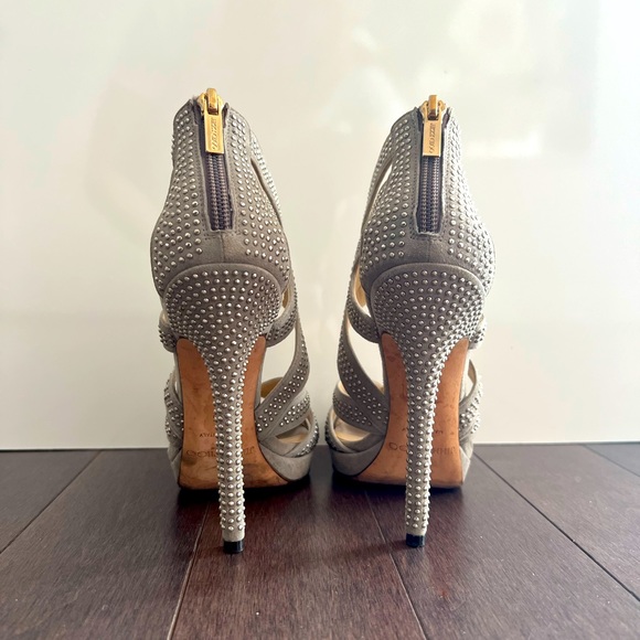 Authentic Jimmy Choo Suede Studded Collar Sandals - Silver - Size 36 - Picture 2 of 8